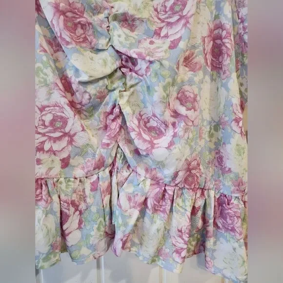 Almost Famous Women's Junior Blouse, Large, Puff Sleeve Pastel Rose Pink Blue - Picture 11 of 16